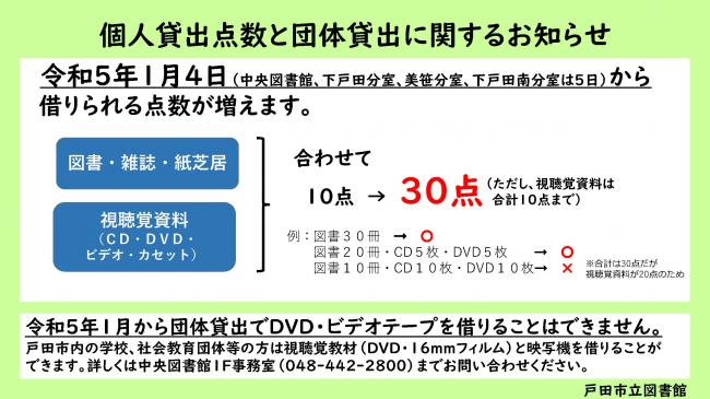 令和5年1月4日から借りられる点数が30点に増えます。また、団体貸出でDVDやビデオテープを借りることはできません。