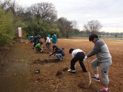 浦和実業学園彩湖総合グラウンド内での植樹の写真